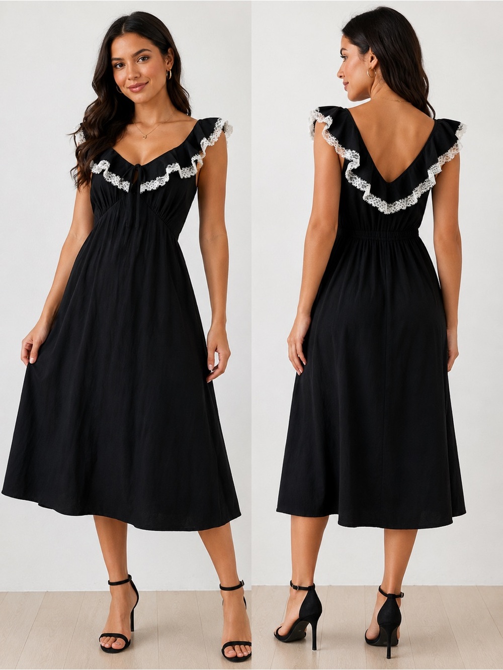 Universal Thread Black Midi Dress with White Lace Ruffle